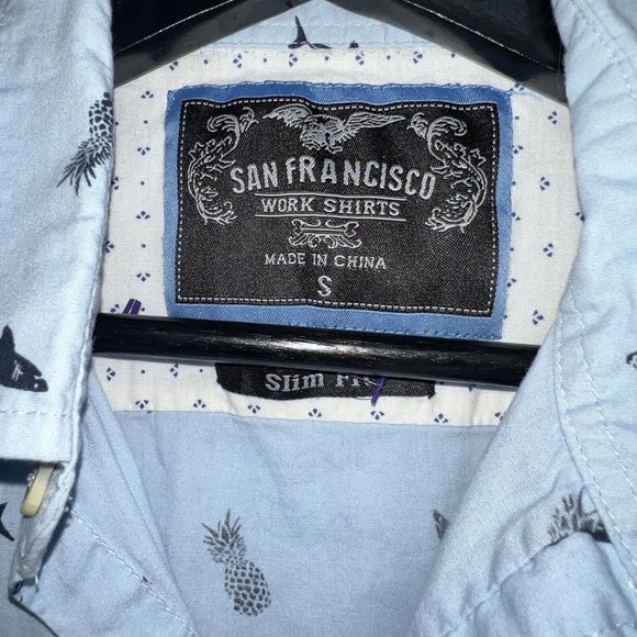 San Francisco Work Shirts Button Up Hawaiian Mens S Slim Fit Blue VW Bus Shark - Picture 2 of 6